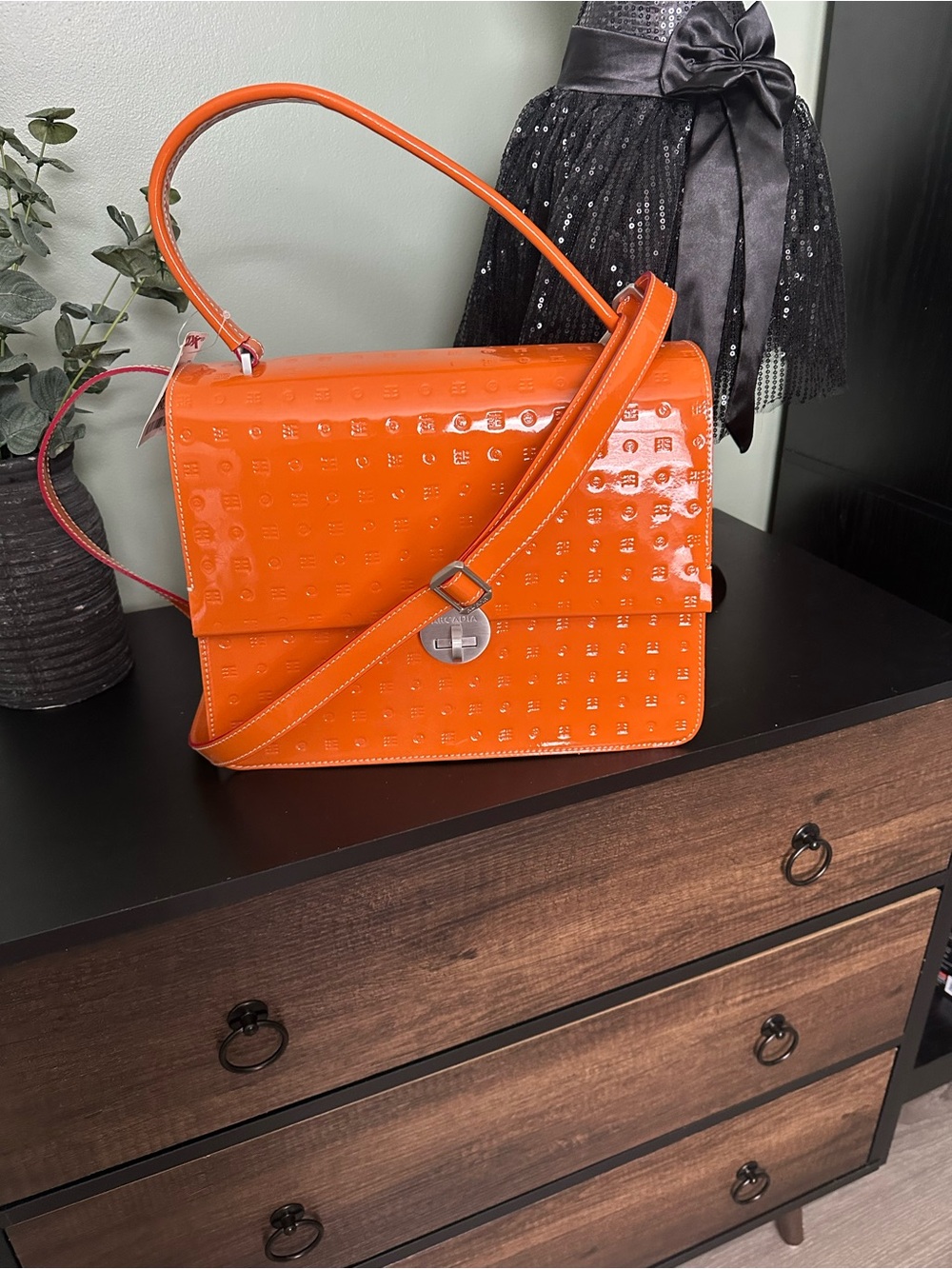 Arcadia Orange Patent Shoulder Bag with Adjustable Strap Made In Italy